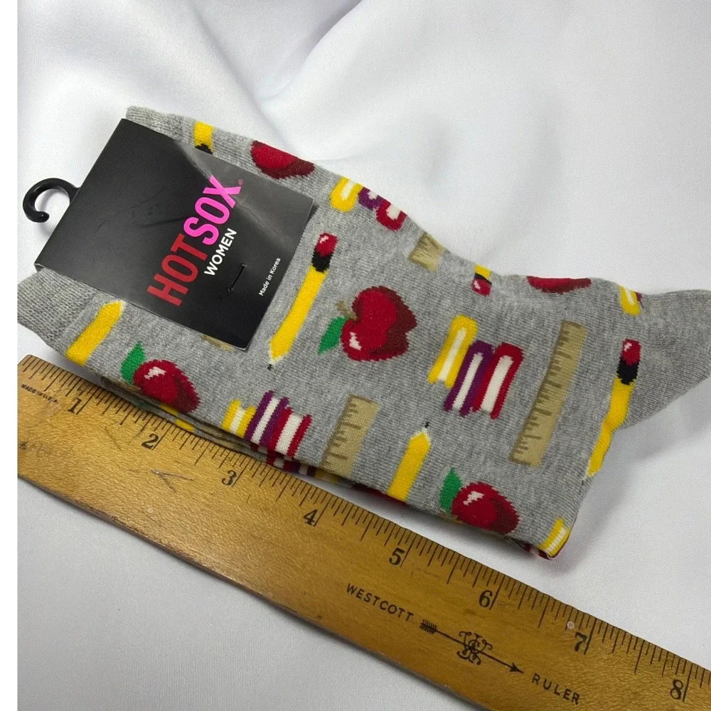 Hot Sox Back to School Novelty Crew Socks Womens 9-11 Gray Apple Pencil Teacher